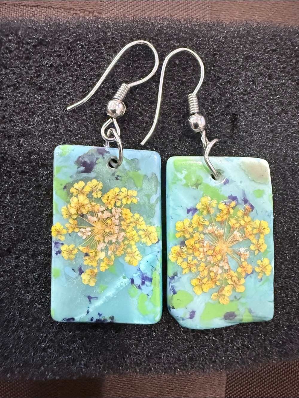 Handmade Yellow Pressed Flower
Earrings Mother of Pearl Shell  2"